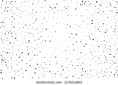 Elegant pattern with black polka dots of small and large scale. Splatter background. Black glitter blow explosion and splats on white. Grunge texture. Vector illustration 