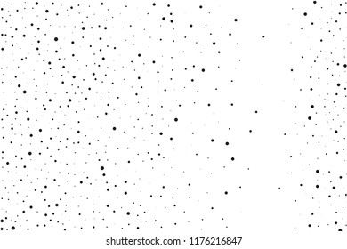 Elegant pattern with black polka dots of small and large scale. Splatter background. Black glitter blow explosion and splats on white. Grunge texture. Vector illustration