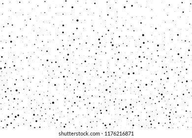 Elegant pattern with black polka dots of small and large scale. Splatter background. Black glitter blow explosion and splats on white. Grunge texture. Vector illustration