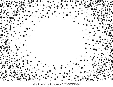Elegant pattern with black polka dots of small and large scale. Splatter background. Black glitter blow explosion and splats on white. Grunge texture. Vector illustration
