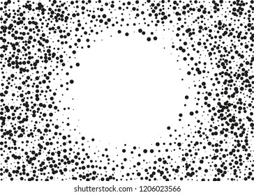 Elegant pattern with black polka dots of small and large scale. Splatter background. Black glitter blow explosion and splats on white. Grunge texture. Vector illustration