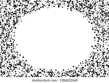 Elegant pattern with black polka dots of small and large scale. Splatter background. Black glitter blow explosion and splats on white. Grunge texture. Vector illustration