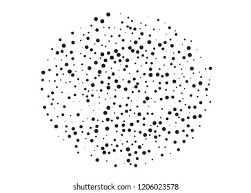 Elegant pattern with black polka dots of small and large scale. Splatter background. Black glitter blow explosion and splats on white. Grunge texture. Vector illustration