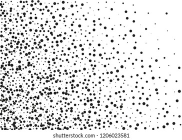 Elegant pattern with black polka dots of small and large scale. Splatter background. Black glitter blow explosion and splats on white. Grunge texture. Vector illustration