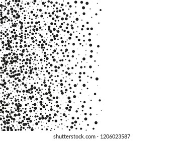 Elegant pattern with black polka dots of small and large scale. Splatter background. Black glitter blow explosion and splats on white. Grunge texture. Vector illustration