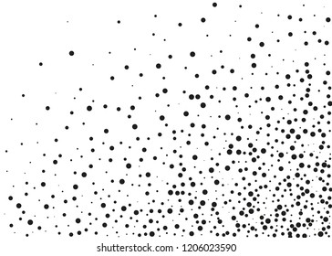 Elegant pattern with black polka dots of small and large scale. Splatter background. Black glitter blow explosion and splats on white. Grunge texture. Vector illustration