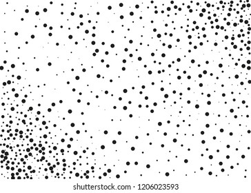 Elegant pattern with black polka dots of small and large scale. Splatter background. Black glitter blow explosion and splats on white. Grunge texture. Vector illustration