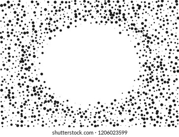Elegant pattern with black polka dots of small and large scale. Splatter background. Black glitter blow explosion and splats on white. Grunge texture. Vector illustration
