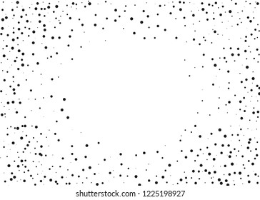 Elegant pattern with black polka dots of small and large scale. Splatter background. Black glitter blow explosion and splats on white. Grunge texture. Vector illustration