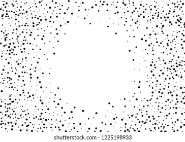 Elegant pattern with black polka dots of small and large scale. Splatter background. Black glitter blow explosion and splats on white. Grunge texture. Vector illustration