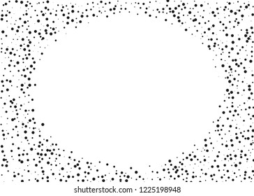 Elegant pattern with black polka dots of small and large scale. Splatter background. Black glitter blow explosion and splats on white. Grunge texture. Vector illustration