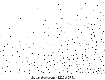 Elegant pattern with black polka dots of small and large scale. Splatter background. Black glitter blow explosion and splats on white. Grunge texture. Vector illustration