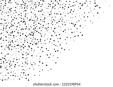 Elegant pattern with black polka dots of small and large scale. Splatter background. Black glitter blow explosion and splats on white. Grunge texture. Vector illustration