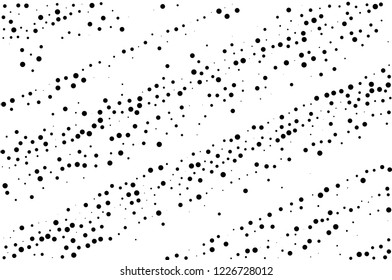 Elegant pattern with black polka dots of small and large scale. Splatter background. Black glitter blow explosion and splats on white. Grunge texture. Vector illustration