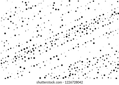 Elegant pattern with black polka dots of small and large scale. Splatter background. Black glitter blow explosion and splats on white. Grunge texture. Vector illustration