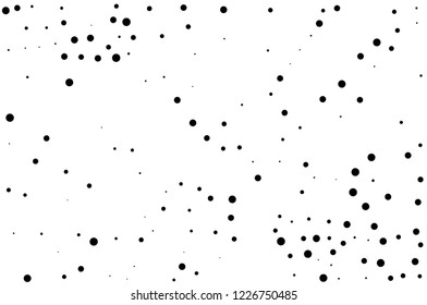Elegant pattern with black polka dots of small and large scale. Splatter background. Black glitter blow explosion and splats on white. Grunge texture. Vector illustration
