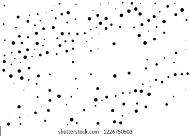 Elegant pattern with black polka dots of small and large scale. Splatter background. Black glitter blow explosion and splats on white. Grunge texture. Vector illustration