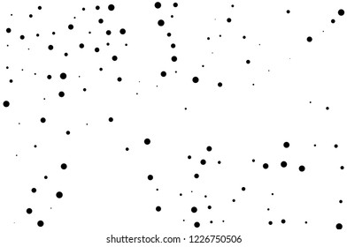 Elegant pattern with black polka dots of small and large scale. Splatter background. Black glitter blow explosion and splats on white. Grunge texture. Vector illustration
