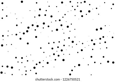 Elegant pattern with black polka dots of small and large scale. Splatter background. Black glitter blow explosion and splats on white. Grunge texture. Vector illustration