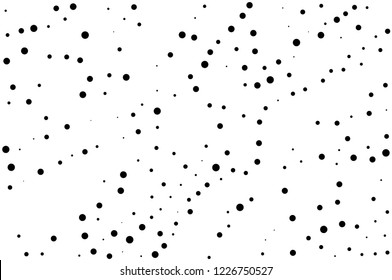 Elegant pattern with black polka dots of small and large scale. Splatter background. Black glitter blow explosion and splats on white. Grunge texture. Vector illustration