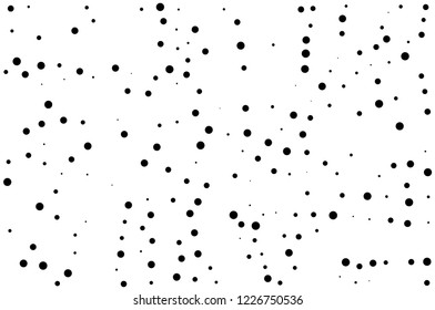 Elegant pattern with black polka dots of small and large scale. Splatter background. Black glitter blow explosion and splats on white. Grunge texture. Vector illustration