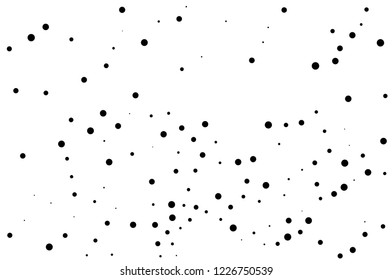 Elegant pattern with black polka dots of small and large scale. Splatter background. Black glitter blow explosion and splats on white. Grunge texture. Vector illustration