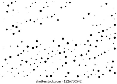 Elegant pattern with black polka dots of small and large scale. Splatter background. Black glitter blow explosion and splats on white. Grunge texture. Vector illustration