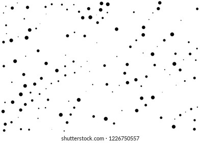 Elegant pattern with black polka dots of small and large scale. Splatter background. Black glitter blow explosion and splats on white. Grunge texture. Vector illustration