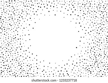 Elegant pattern with black polka dots of small and large scale. Splatter background. Black glitter blow explosion and splats on white. Grunge texture. Vector illustration