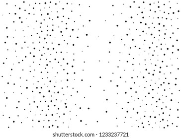 Elegant pattern with black polka dots of small and large scale. Splatter background. Black glitter blow explosion and splats on white. Grunge texture. Vector illustration