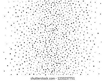 Elegant pattern with black polka dots of small and large scale. Splatter background. Black glitter blow explosion and splats on white. Grunge texture. Vector illustration
