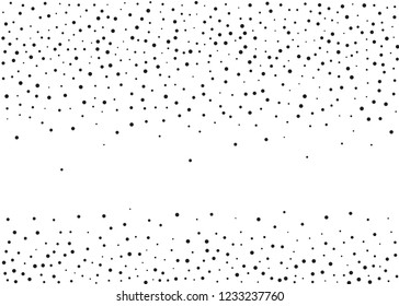 Elegant pattern with black polka dots of small and large scale. Splatter background. Black glitter blow explosion and splats on white. Grunge texture. Vector illustration