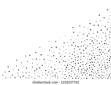 Elegant pattern with black polka dots of small and large scale. Splatter background. Black glitter blow explosion and splats on white. Grunge texture. Vector illustration