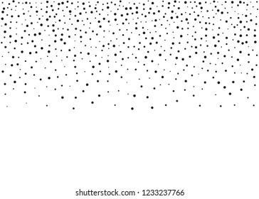 Elegant pattern with black polka dots of small and large scale. Splatter background. Black glitter blow explosion and splats on white. Grunge texture. Vector illustration