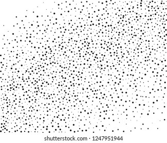 Elegant pattern with black polka dots of small and large scale. Splatter background. Black glitter blow explosion and splats on white. Grunge texture. Vector illustration