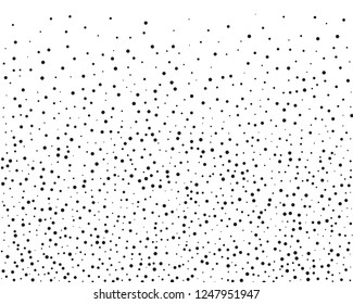 Elegant pattern with black polka dots of small and large scale. Splatter background. Black glitter blow explosion and splats on white. Grunge texture. Vector illustration