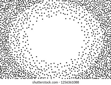 Elegant pattern with black polka dots. Splatter background. Black glitter blow explosion and splats on white. Grunge texture. Vector illustration