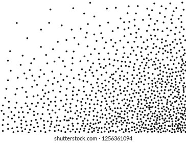 Elegant pattern with black polka dots. Splatter background. Black glitter blow explosion and splats on white. Grunge texture. Vector illustration
