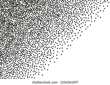 Elegant pattern with black polka dots. Splatter background. Black glitter blow explosion and splats on white. Grunge texture. Vector illustration