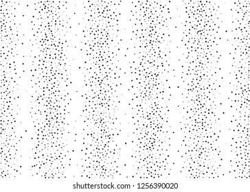 Elegant pattern with black polka dots of small and large scale. Splatter background. Black glitter blow explosion and splats on white. Grunge texture. Vector illustration