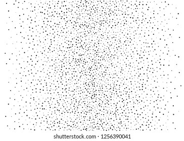 Elegant pattern with black polka dots of small and large scale. Splatter background. Black glitter blow explosion and splats on white. Grunge texture. Vector illustration