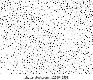 Elegant pattern with black polka dots of small and large scale. Splatter background. Black glitter blow explosion and splats on white. Grunge texture. Vector illustration