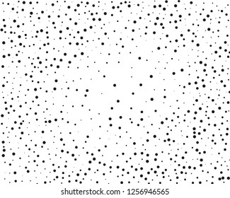 Elegant pattern with black polka dots of small and large scale. Splatter background. Black glitter blow explosion and splats on white. Grunge texture. Vector illustration