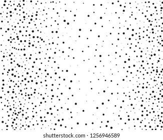 Elegant pattern with black polka dots of small and large scale. Splatter background. Black glitter blow explosion and splats on white. Grunge texture. Vector illustration