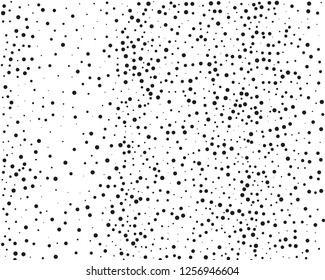 Elegant pattern with black polka dots of small and large scale. Splatter background. Black glitter blow explosion and splats on white. Grunge texture. Vector illustration