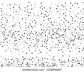 Elegant pattern with black polka dots of small and large scale. Splatter background. Black glitter blow explosion and splats on white. Grunge texture. Vector illustration
