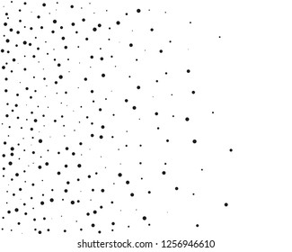 Elegant pattern with black polka dots of small and large scale. Splatter background. Black glitter blow explosion and splats on white. Grunge texture. Vector illustration