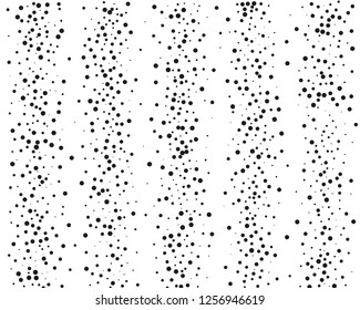 Elegant pattern with black polka dots of small and large scale. Splatter background. Black glitter blow explosion and splats on white. Grunge texture. Vector illustration