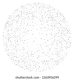 Elegant pattern with black polka dots of small and large scale in a vicious circle. Splatter background. Black glitter blow explosion and splats on white. Grunge texture. Vector illustration