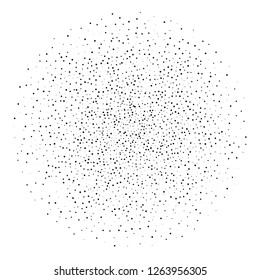Elegant pattern with black polka dots of small and large scale in a vicious circle. Splatter background. Black glitter blow explosion and splats on white. Grunge texture. Vector illustration